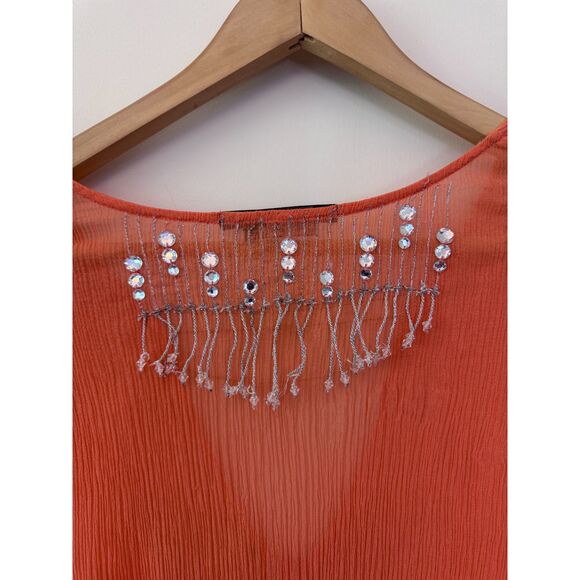 BCBGMaxAzria Orange Silk Chiffon V-Neck Blouse with Sequins Detail Size Large - Picture 5 of 6